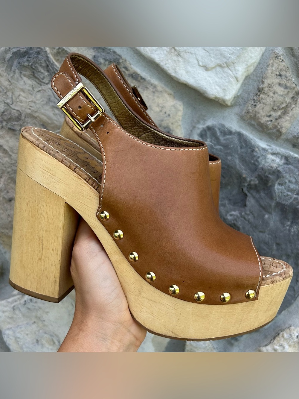 Sam Edelman Chunky Platform Clogs 8.5 Brown Leather Peep Toe Boho Beach Festival - Picture 1 of 7